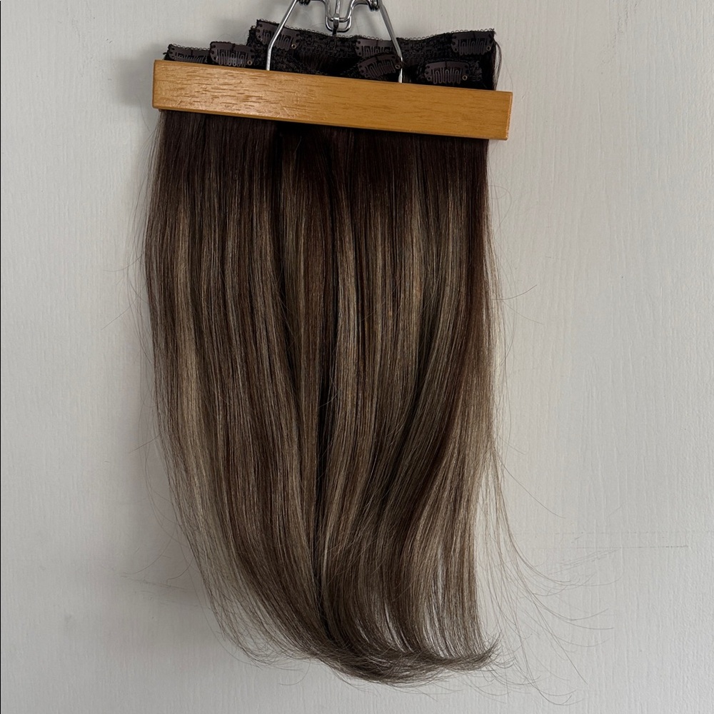 16” Clip-In Hair Extensions Brown Blonde Highlights 100% Human Hair 7 pcs - Picture 3 of 8